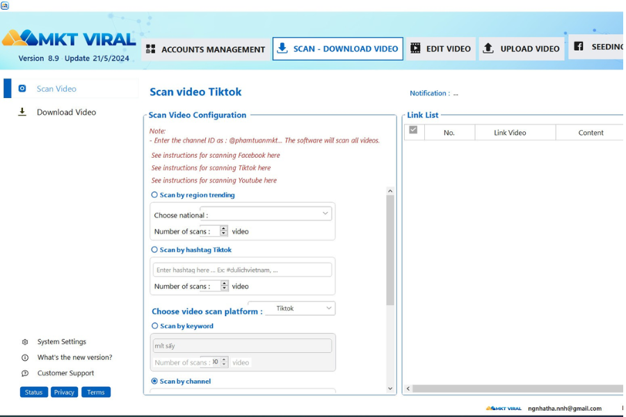 Scan videos by keyword MKT Viral Software